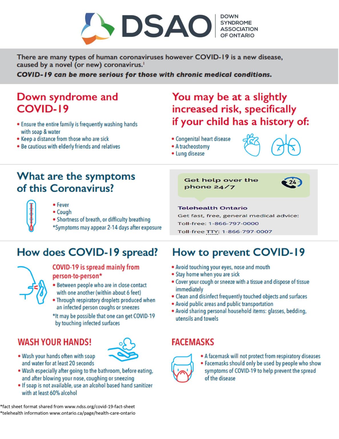 Covid information sheet provided by Down Syndrome Association of Ontario, DSAO