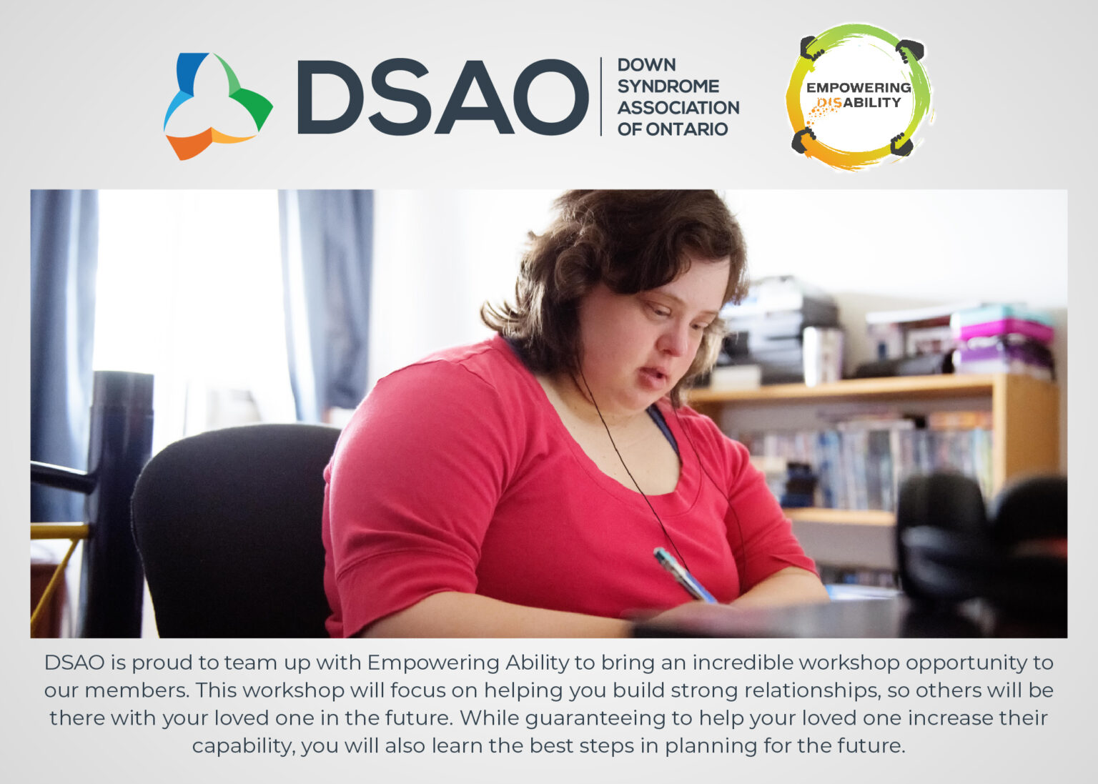 Graphic for free webinar offered by DSAO partnering with Empowering Ability